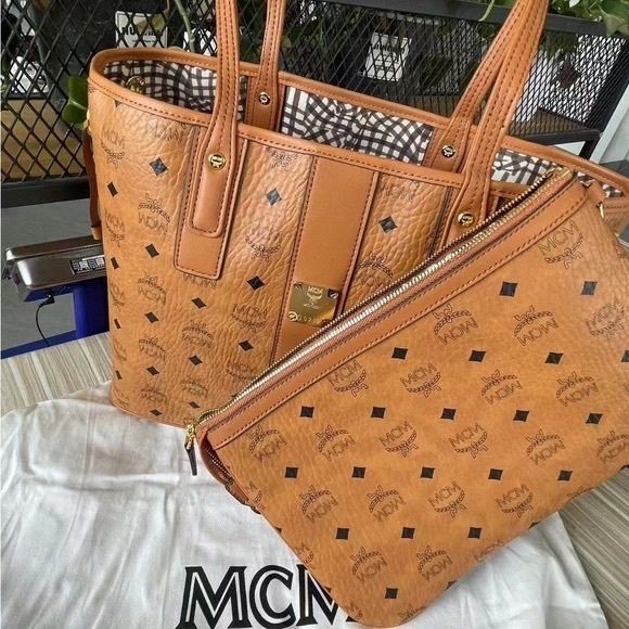 MCM Handbags - MCM Tan Visetos Tote and Pouch